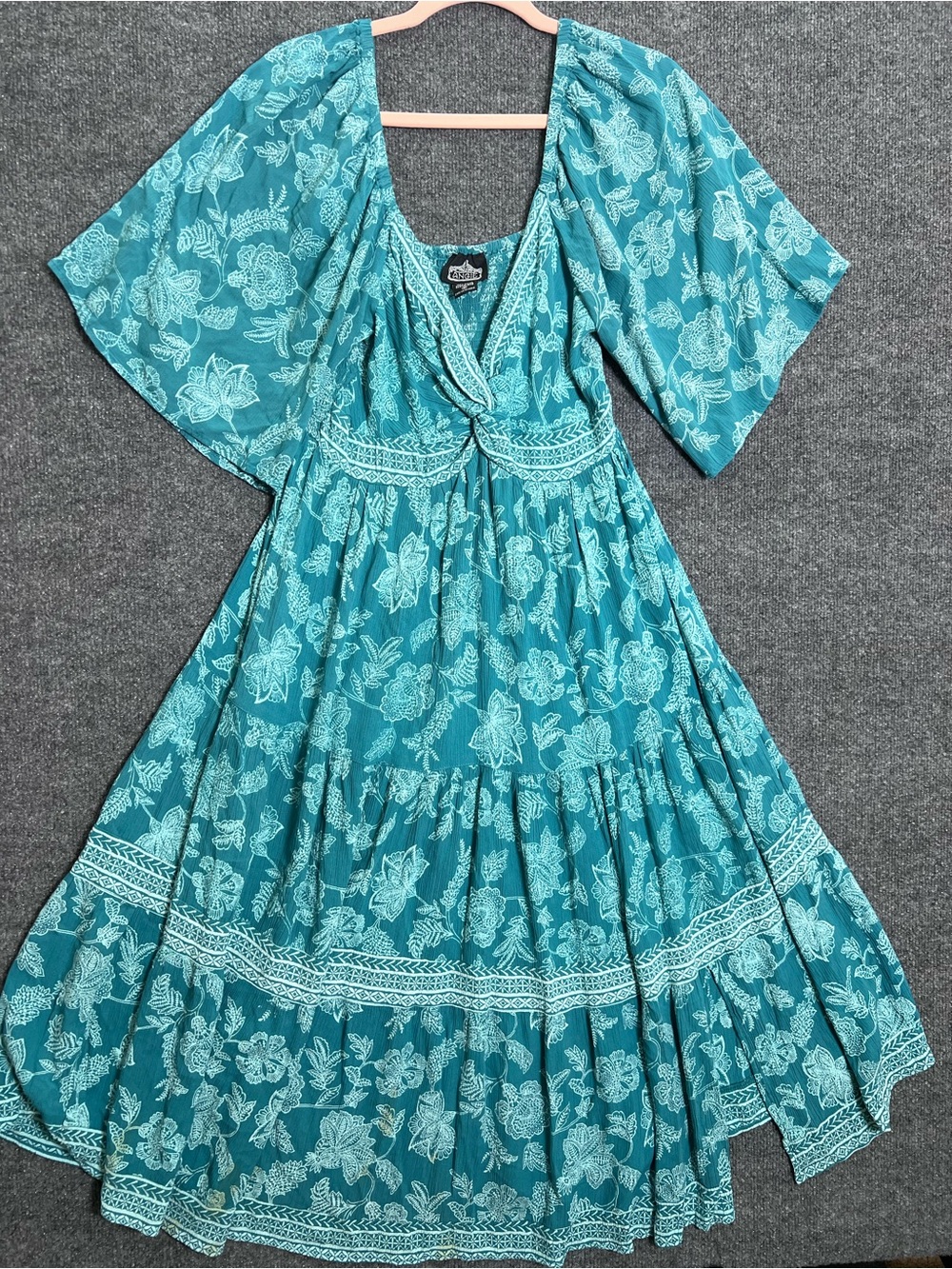 Angie Women’s M Teal Floral Cottage Boho Maxi Dress Flutter Sleeve Smocked Back